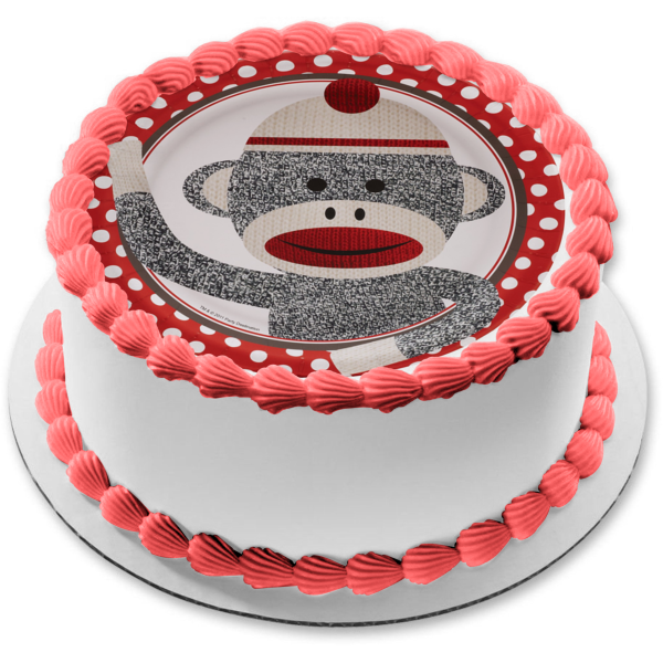 Grey Sock Monkey with a  Red and White Polka Dot Background Edible Cake Topper Image ABPID04517