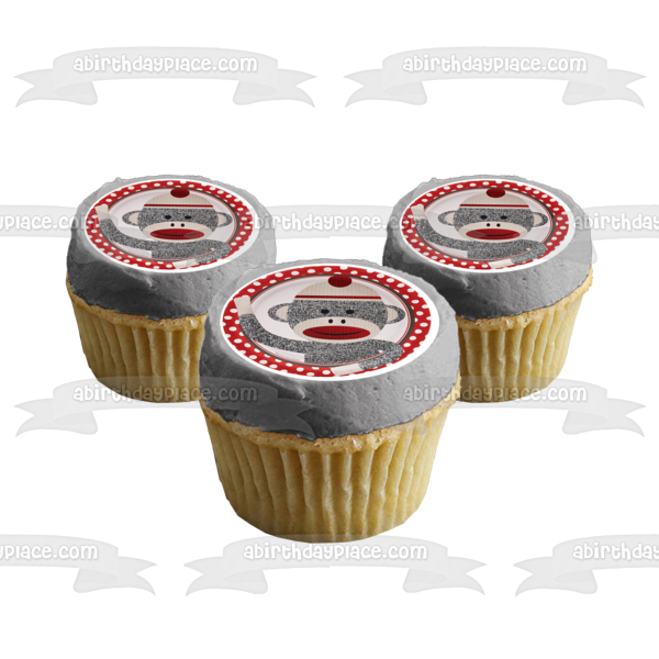 Grey Sock Monkey with a  Red and White Polka Dot Background Edible Cake Topper Image ABPID04517