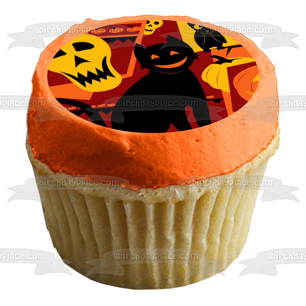 Halloween Black Cat Jack-O-Lantern Skull and Owl Edible Cake Topper Image ABPID04519