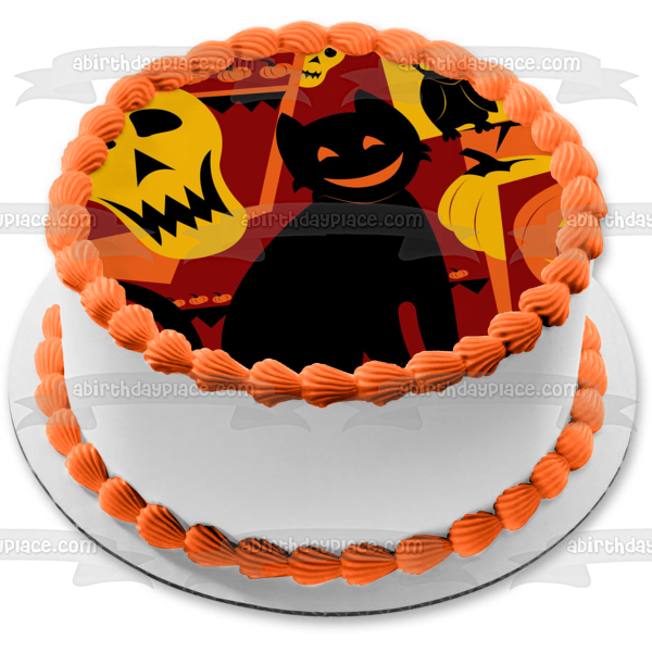 Halloween Black Cat Jack-O-Lantern Skull and Owl Edible Cake Topper Image ABPID04519