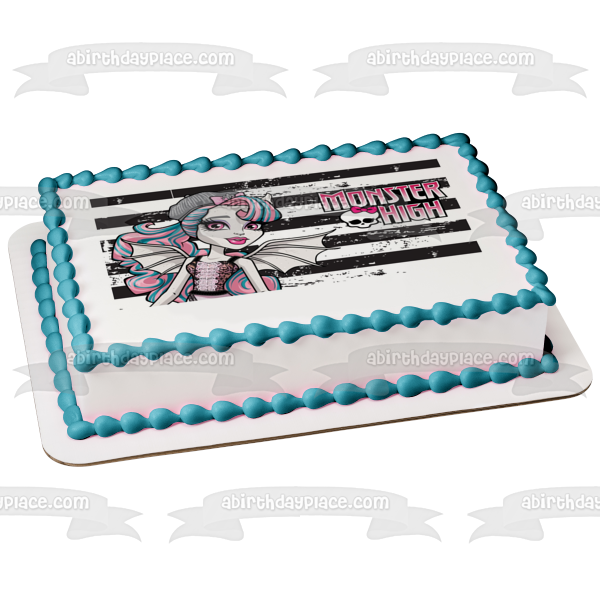 Monster High Logo Rochelle Rayas blancas y negras Adorno comestible para tarta Imagen ABPID06432 