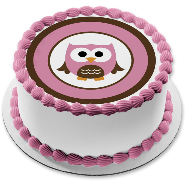 Cute Owl Pink and Brown Circle Edible Cake Topper Image ABPID04567