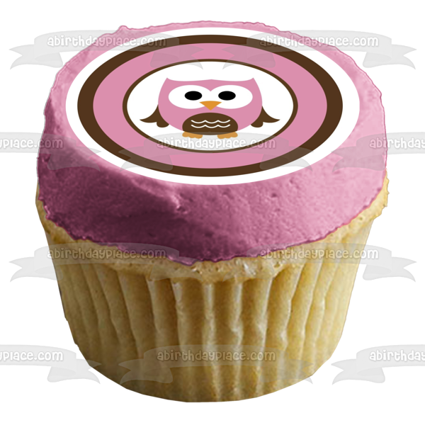 Cute Owl Pink and Brown Circle Edible Cake Topper Image ABPID04567