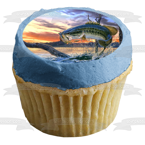 Bass Fishing Fish Out of Water Sunset Edible Cake Topper Image ABPID04589