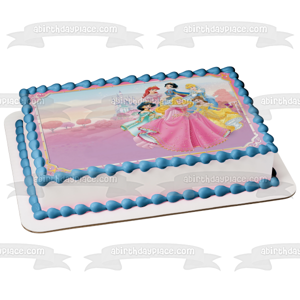 Princesas Aurora Jasmine Bella Cenicienta Ariel Blancanieves y un castillo Adorno comestible para tarta Imagen ABPID06454 