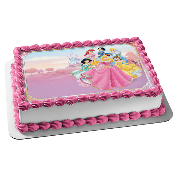 Princesas Aurora Jasmine Bella Cenicienta Ariel Blancanieves y un castillo Adorno comestible para tarta Imagen ABPID06454 