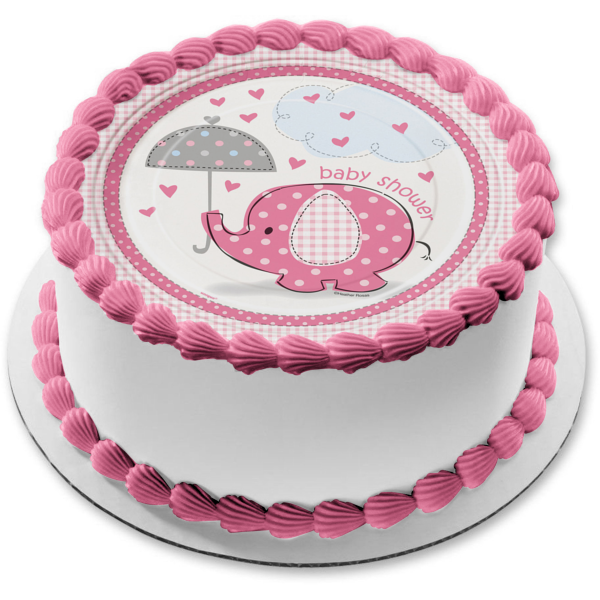 Pink Elephant Umbrella Baby Shower Raining Hearts Edible Cake Topper Image ABPID04689