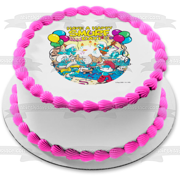 Feliz cumpleaños, los pitufos, que tengan un feliz día de los pitufos, Pitufina y papá pitufo, decoración comestible para tarta, imagen ABPID06510 