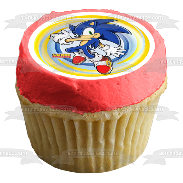 Logotipo de Sonic the Hedgehog Sonic con un fondo en espiral amarillo y azul Imagen comestible para decoración de tarta ABPID04706 