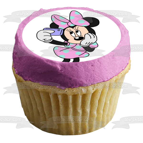 Minnie Mouse Taking a Cell Phone Selfie Edible Cake Topper Image ABPID04731