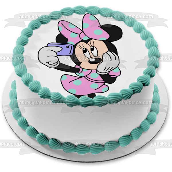 Minnie Mouse Taking a Cell Phone Selfie Edible Cake Topper Image ABPID04731