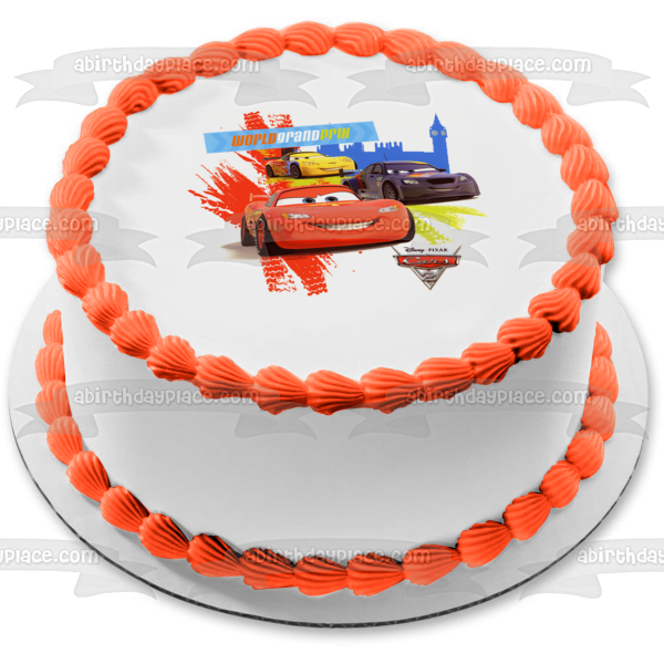 Cars 2 World Grand Prix Lightening McQueen Max Schnell and Miguel Camino Edible Cake Topper Image ABPID06537