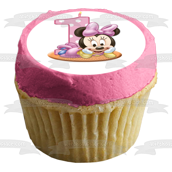 Baby Minnie Mouse Number One Cake Candle First Birthday Edible Cake Topper Image ABPID04832