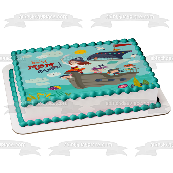 Decoración comestible para tarta para el día de la madre, capitán mami, barco pirata, madre e hijos, imagen ABPID53699 