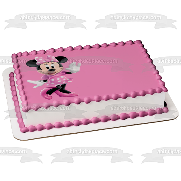 Adorno comestible para tarta con lazo rosa y fondo rosa de Minnie Mouse, imagen ABPID06583 