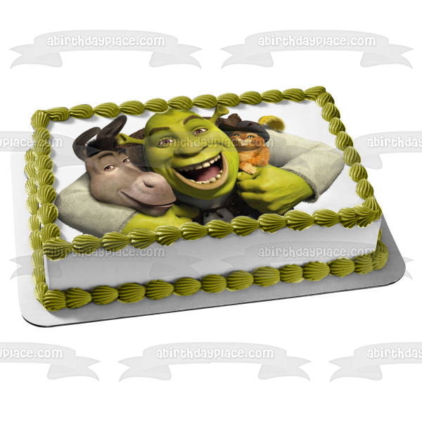 Shrek burro y el gato con botas abrazando imagen comestible para decoración de tarta ABPID06600 