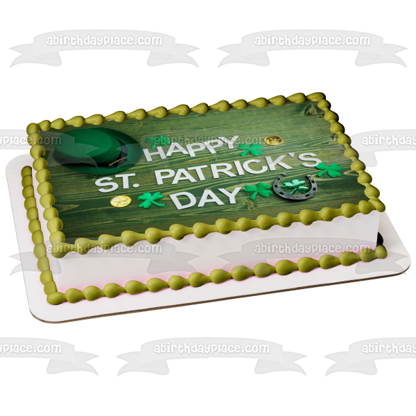 Feliz día de San Patricio, tréboles, sombrero de duende, herradura, decoración comestible para tarta, imagen ABPID53728 