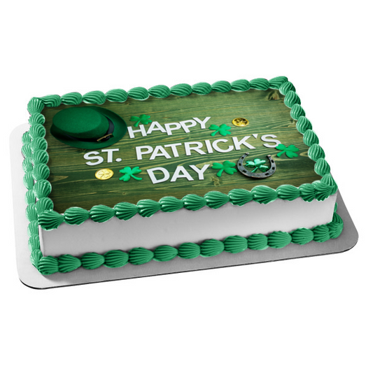 Happy St. Patrick's Day Shamrocks Leprechaun Hat Horseshoe Edible Cake Topper Image ABPID53728