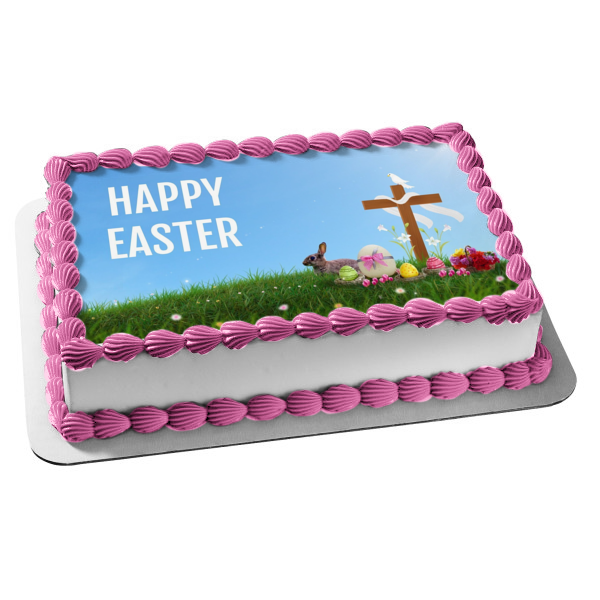 Happy Easter Cross Bunny Easter Eggs Edible Cake Topper Image ABPID53746