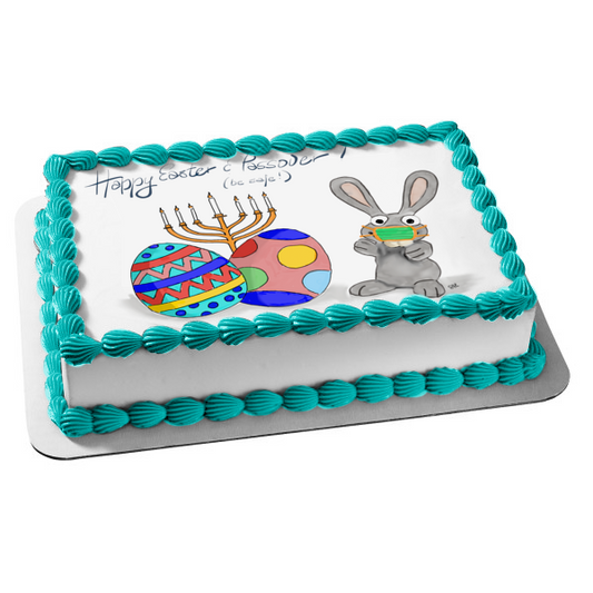 Happy Easter and Passover Menorah Easter Bunny Wearing a Face Mask Easter Eggs Edible Cake Topper Image ABPID53752