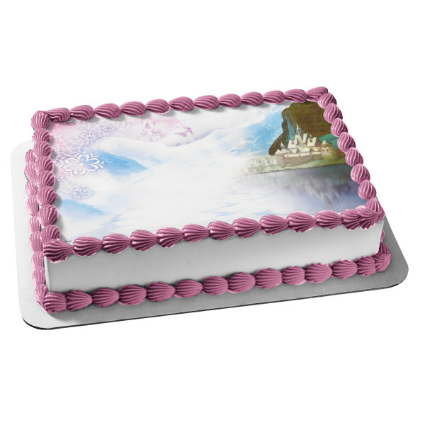 Fondo congelado, copos de nieve, castillo y montañas, decoración comestible para tarta, imagen ABPID06622 