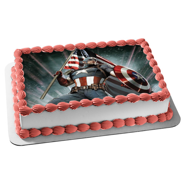 Captain America Sheild and an American Flag Edible Cake Topper Image ABPID07030