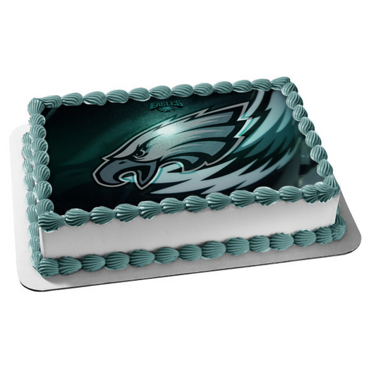 Imagen comestible para decoración de tarta con el logotipo de los Philadelphia Eagles de la NFL y fondo negro ABPID07034 