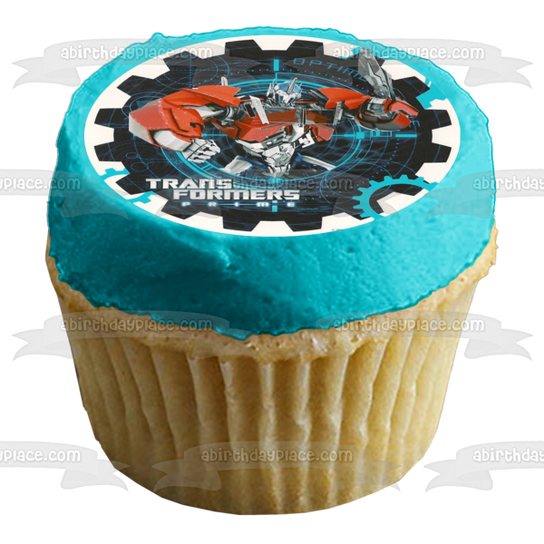 Transformers Optimus Prime Ion Blaster with an Assorted Gears Background Edible Cake Topper Image ABPID06659