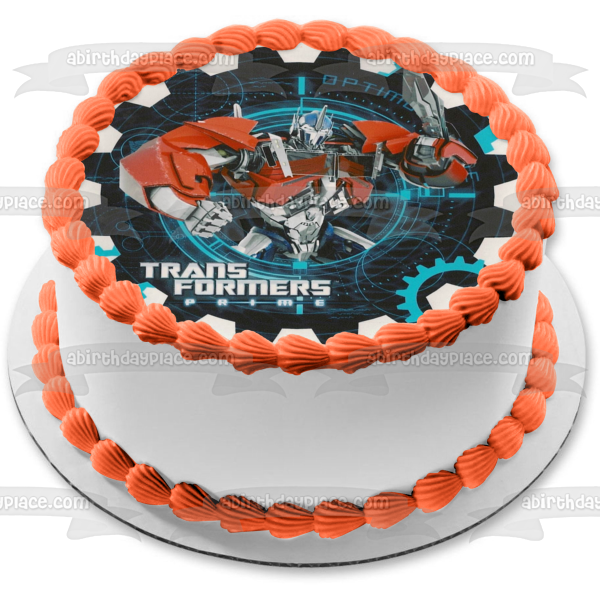 Transformers Optimus Prime Ion Blaster with an Assorted Gears Background Edible Cake Topper Image ABPID06659