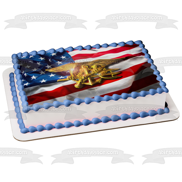 Adorno comestible para tarta con sello de la Marina de los Estados Unidos y la bandera estadounidense, imagen ABPID07071 