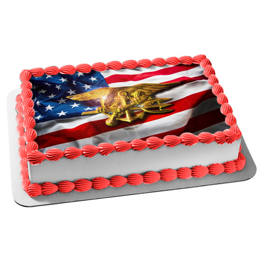 Adorno comestible para tarta con sello de la Marina de los Estados Unidos y la bandera estadounidense, imagen ABPID07071 