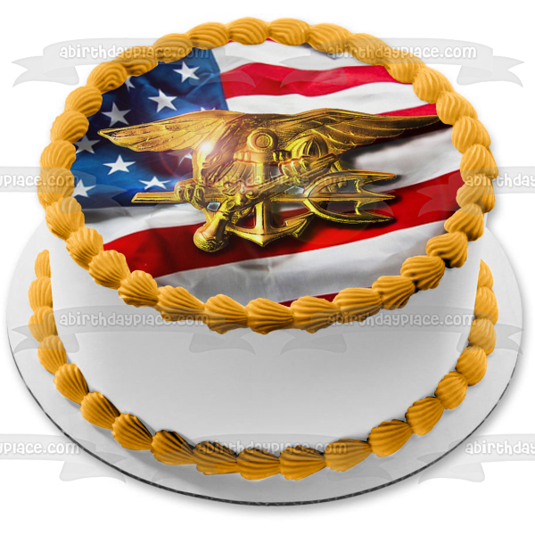 Adorno comestible para tarta con sello de la Marina de los Estados Unidos y la bandera estadounidense, imagen ABPID07071 