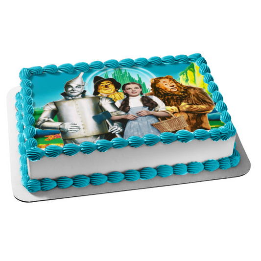 The Wizard of Oz Dorothy the Cowardly Lion Tin Man and the Scarecrow In Front of Emerald City Edible Cake Topper Image ABPID06715