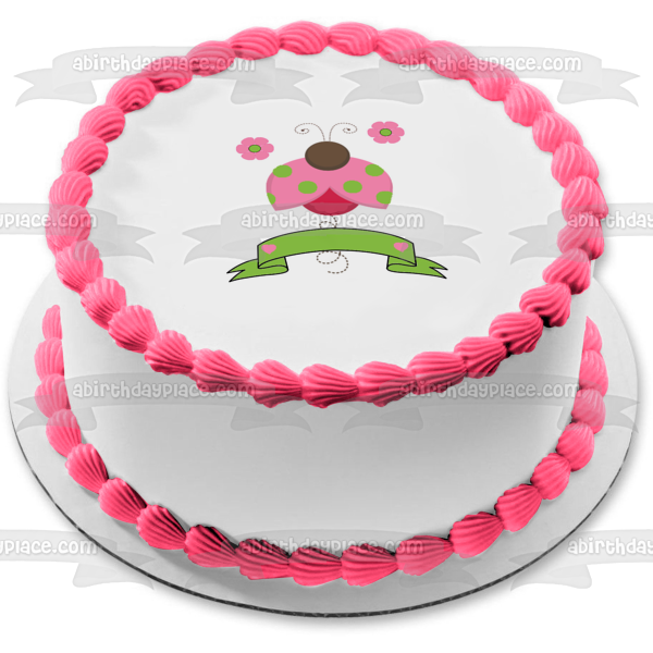 Imagen de decoración comestible para tarta con flores de mariquita rosa y una pancarta verde ABPID07141 