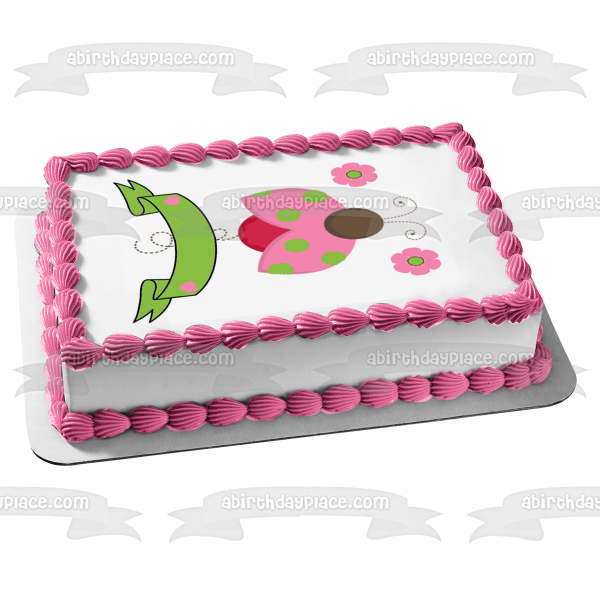 Imagen de decoración comestible para tarta con flores de mariquita rosa y una pancarta verde ABPID07141 