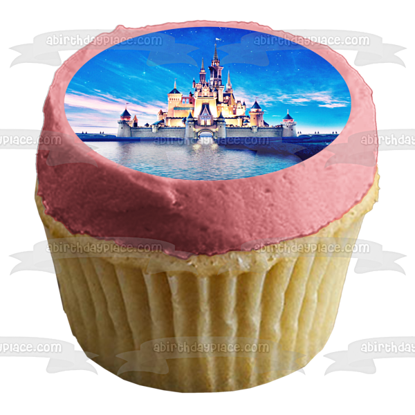 Imagen comestible para tarta con diseño de castillo de Cenicienta, cielo azul y agua, ABPID07156 