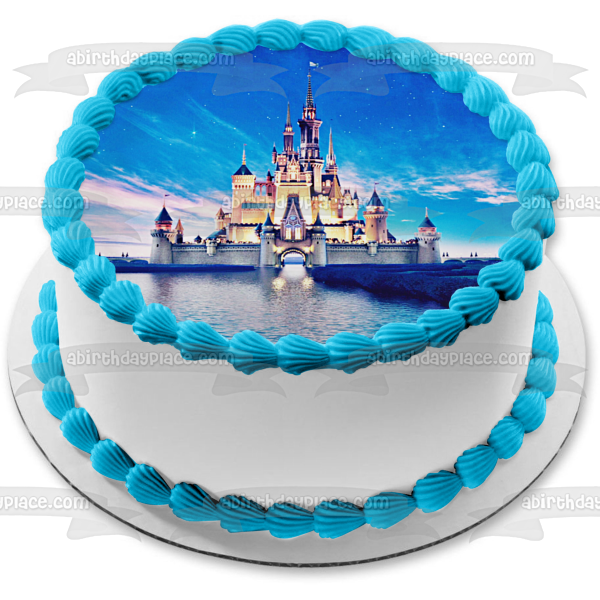 Imagen comestible para tarta con diseño de castillo de Cenicienta, cielo azul y agua, ABPID07156 