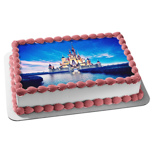 Imagen comestible para tarta con diseño de castillo de Cenicienta, cielo azul y agua, ABPID07156 