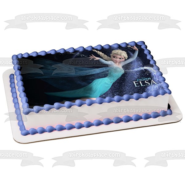 Frozen Elsa Casting Snowflakes with a Black Background Edible Cake Topper Image ABPID07160