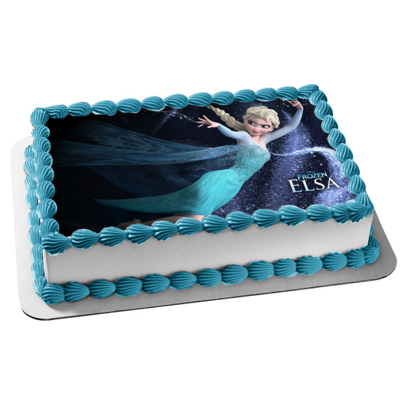 Frozen Elsa Casting Snowflakes with a Black Background Edible Cake Topper Image ABPID07160