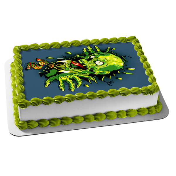 Zombie Cartoon Breaking Out of Wall Edible Cake Topper Image ABPID06784