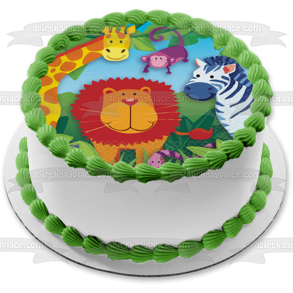 Jungle Animals Safari Giraffe Lion Zebra Monkey Lizard and a Snake Edible Cake Topper Image ABPID06793