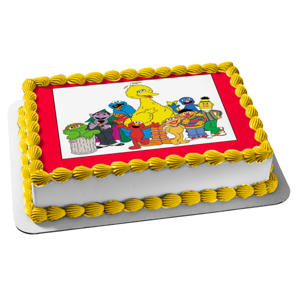 Sesame Street Elmo Bert Ernie Oscar the Grouch Cookie Monster Grover Zoe and Count Von Count Edible Cake Topper Image ABPID06797