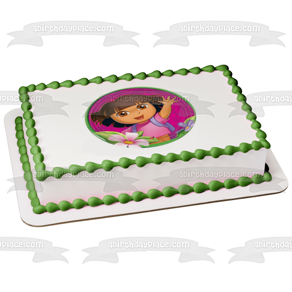 Dora the Explorer Flowers with a  Pink Background Edible Cake Topper Image ABPID06818