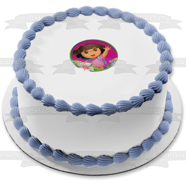 Dora the Explorer Flowers with a  Pink Background Edible Cake Topper Image ABPID06818