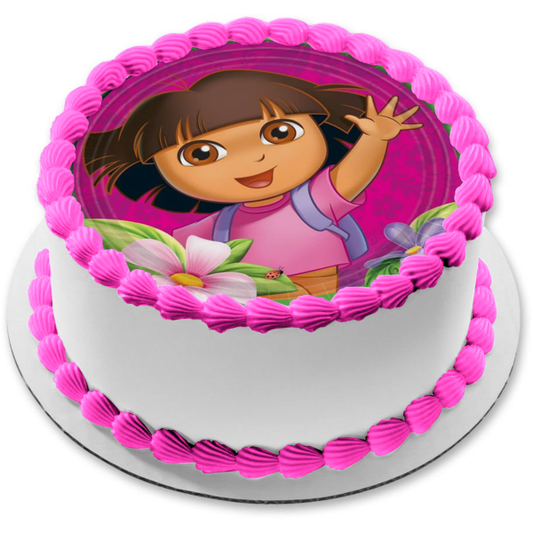 Dora the Explorer Flowers with a  Pink Background Edible Cake Topper Image ABPID06818