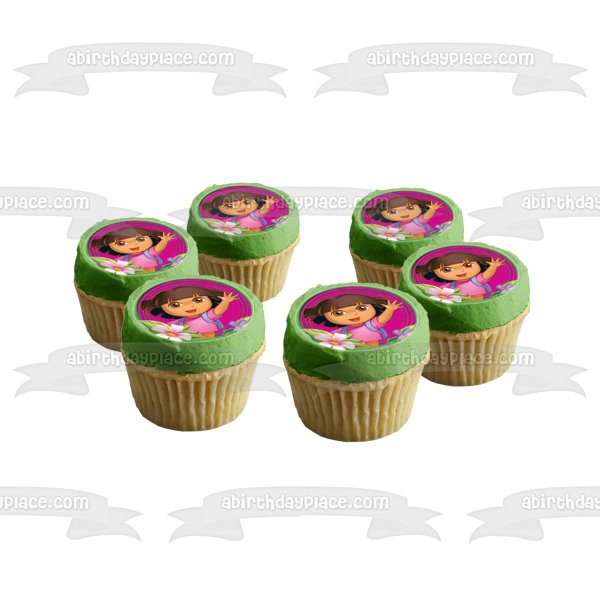 Dora the Explorer Flowers with a  Pink Background Edible Cake Topper Image ABPID06818