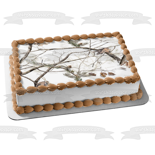 Imagen de decoración comestible para tarta con diseño de camuflaje de árboles y hojas cubiertos de nieve ABPID07280 