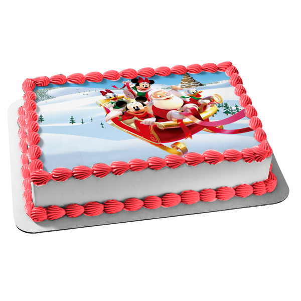 Mickey Mouse Merry Christmas Minnie Mouse Donald Duck Sleigh Daisy Duck Snow and Santa Clause Edible Cake Topper Image ABPID07278