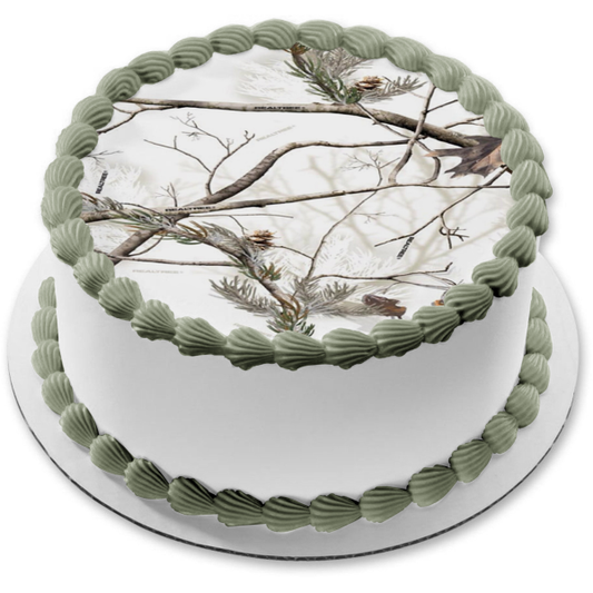 Snow Covered Trees and Leaves Camo Edible Cake Topper Image ABPID07280